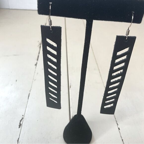 LEATHER Earrings Black Rectangle With Rectangle Cutouts - Picture 2 of 4